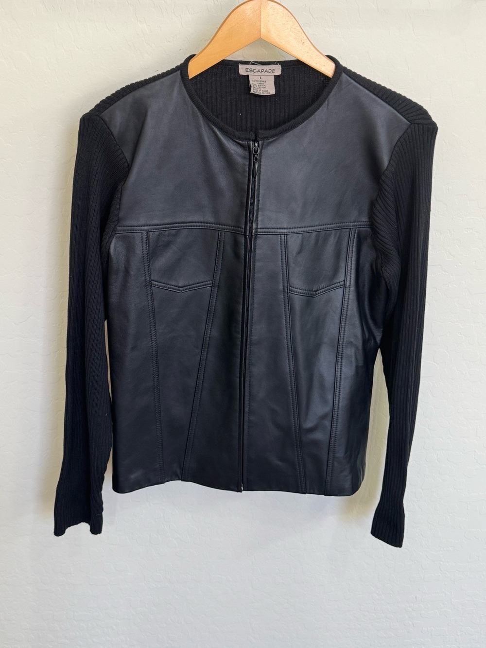 Vintage Escapade Black Genuine Leather Ribbed Knit Zip-Front Jacket Large Edgy